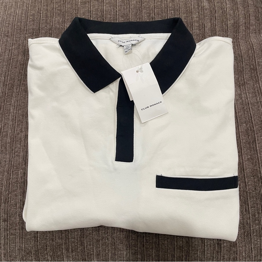 NEW Club Monaco Mens White Black Tipped Pique Cotton‎ Short Sleeve Polo Shirt XL